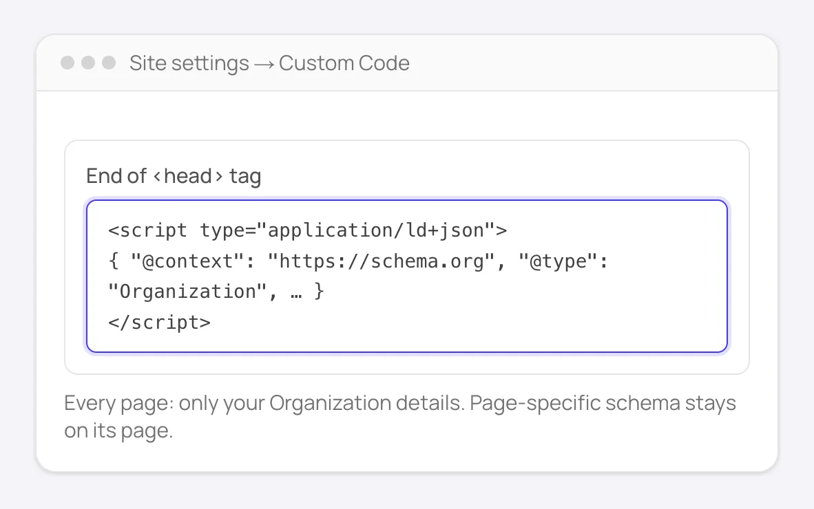 Framer site settings Custom Code holding an Organization JSON-LD block for every page