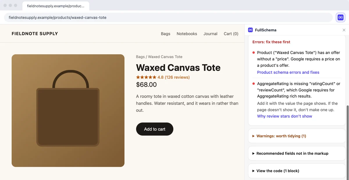 The FullSchema side panel listing two errors on a product page: an offer without a price, and an AggregateRating without ratingCount or reviewCount, each with what to change and a guide link